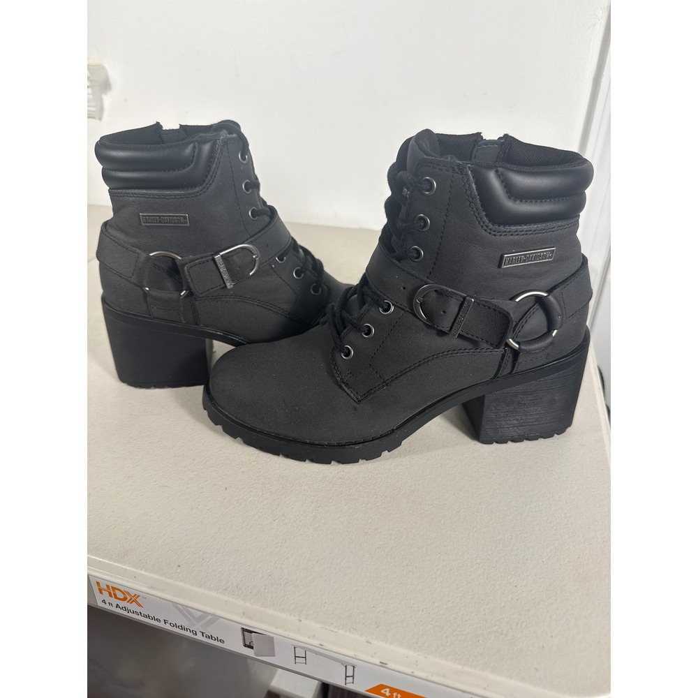 Harley-Davidson Lalanne Black Leather Heeled Combat Boots D87277 Womens 9.5 M
